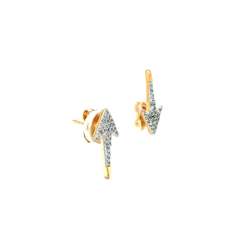 Close-up of two Arrow Shape Zirconia stones Stud Earrings crafted in 14k rose gold-filled. The arrow-shaped studs feature zirconia embellishments and point in opposite directions, showcasing their intricate design and sparkling stones.